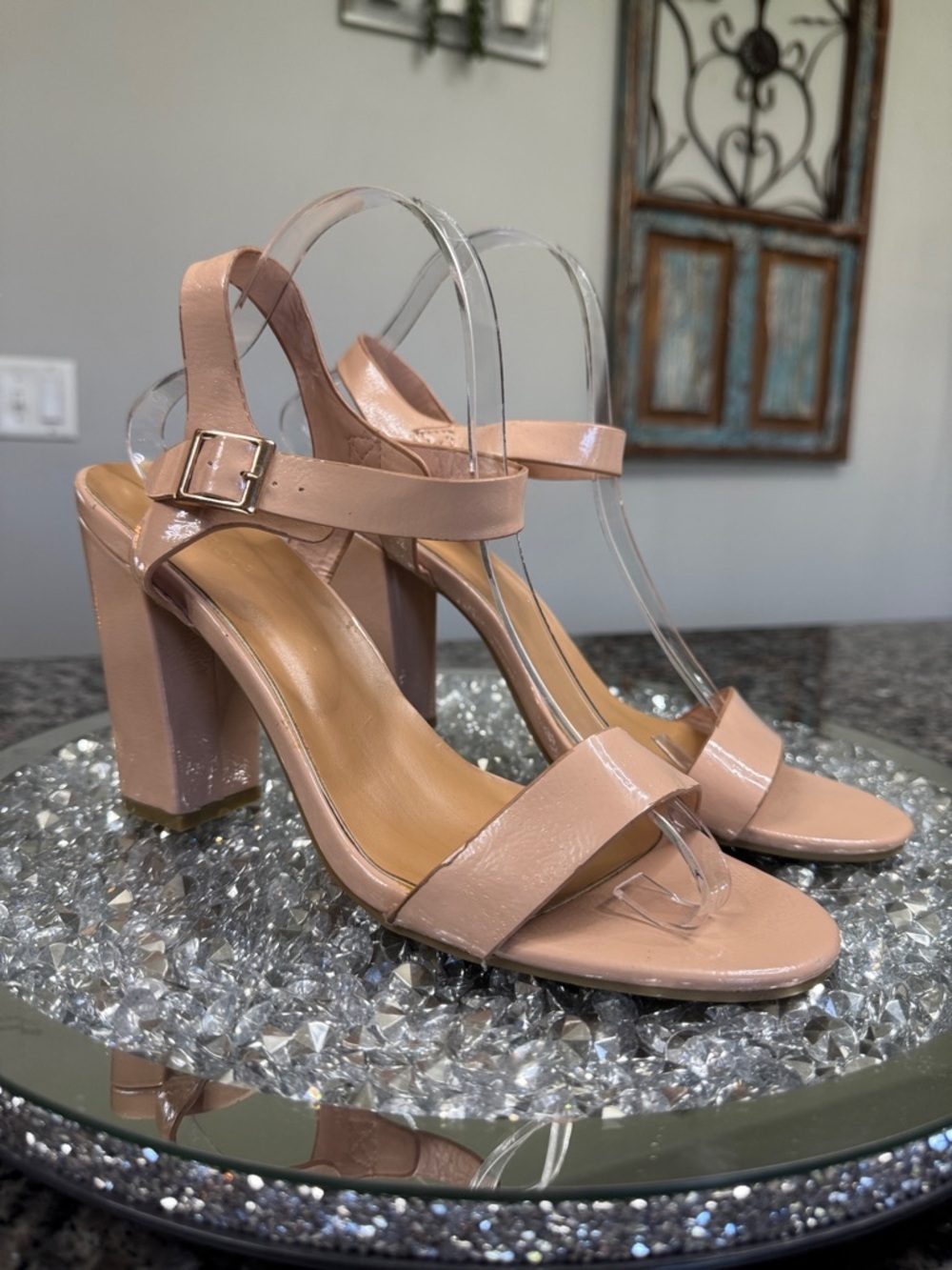 BAMBOO Nude Patent Block Heel Sandals 11